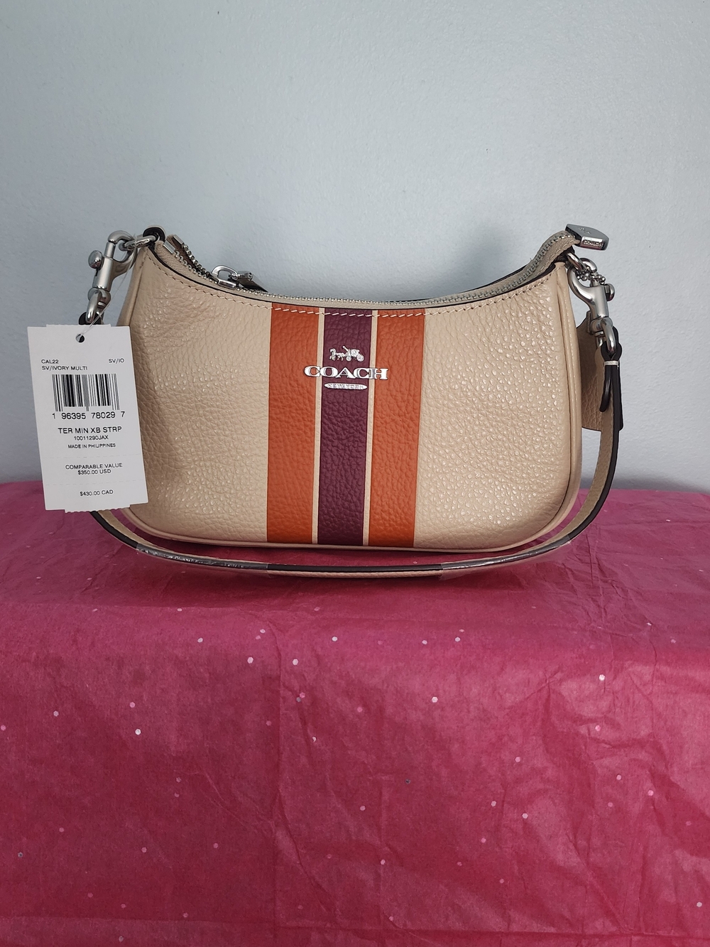 Coach Beige Pebbled Leather Shoulder Bag with Orange and Burgundy Stripes